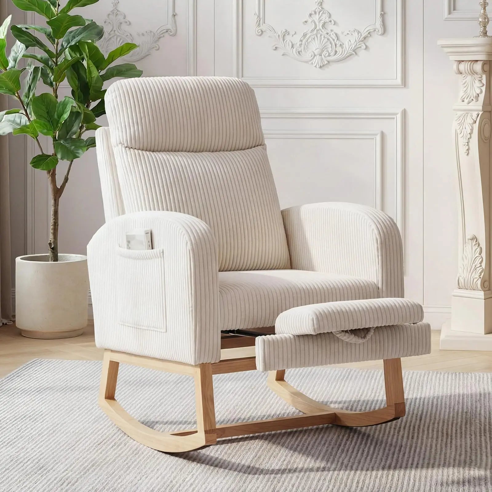 Corduroy Nursery Rocking Chair, Tufted Glider Rocker with Adjustable Footrest & Side Pocket