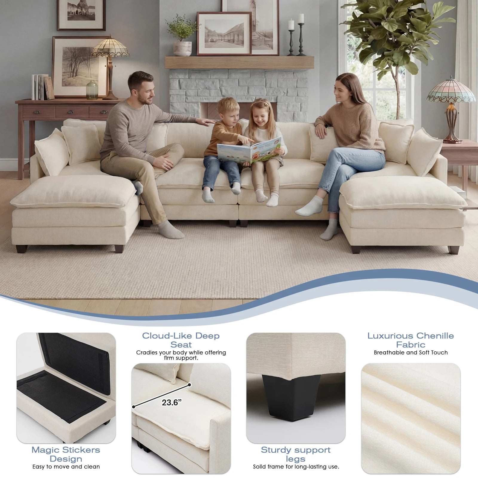 113.4" Modular Sectional Sofa with Ottoman, with Deep Seat (23.6" D)