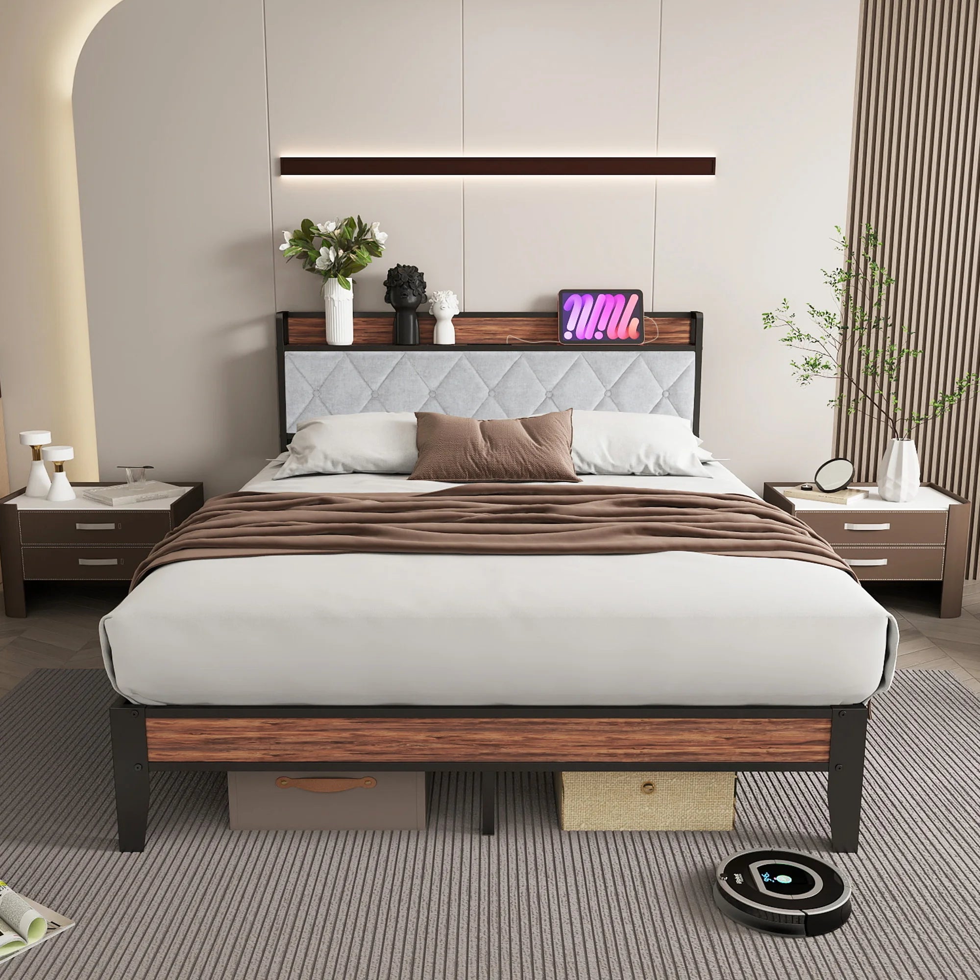 Heavy Duty Metal Bed Frame with Headboard Charging Station 1100lbs Capacity Easy Assembly For Bedroom