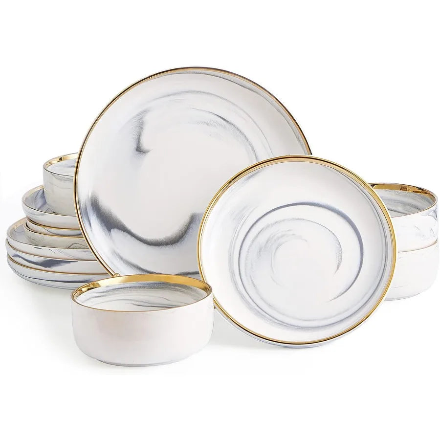 Marble Gold Rim Dinnerware Set for 4
