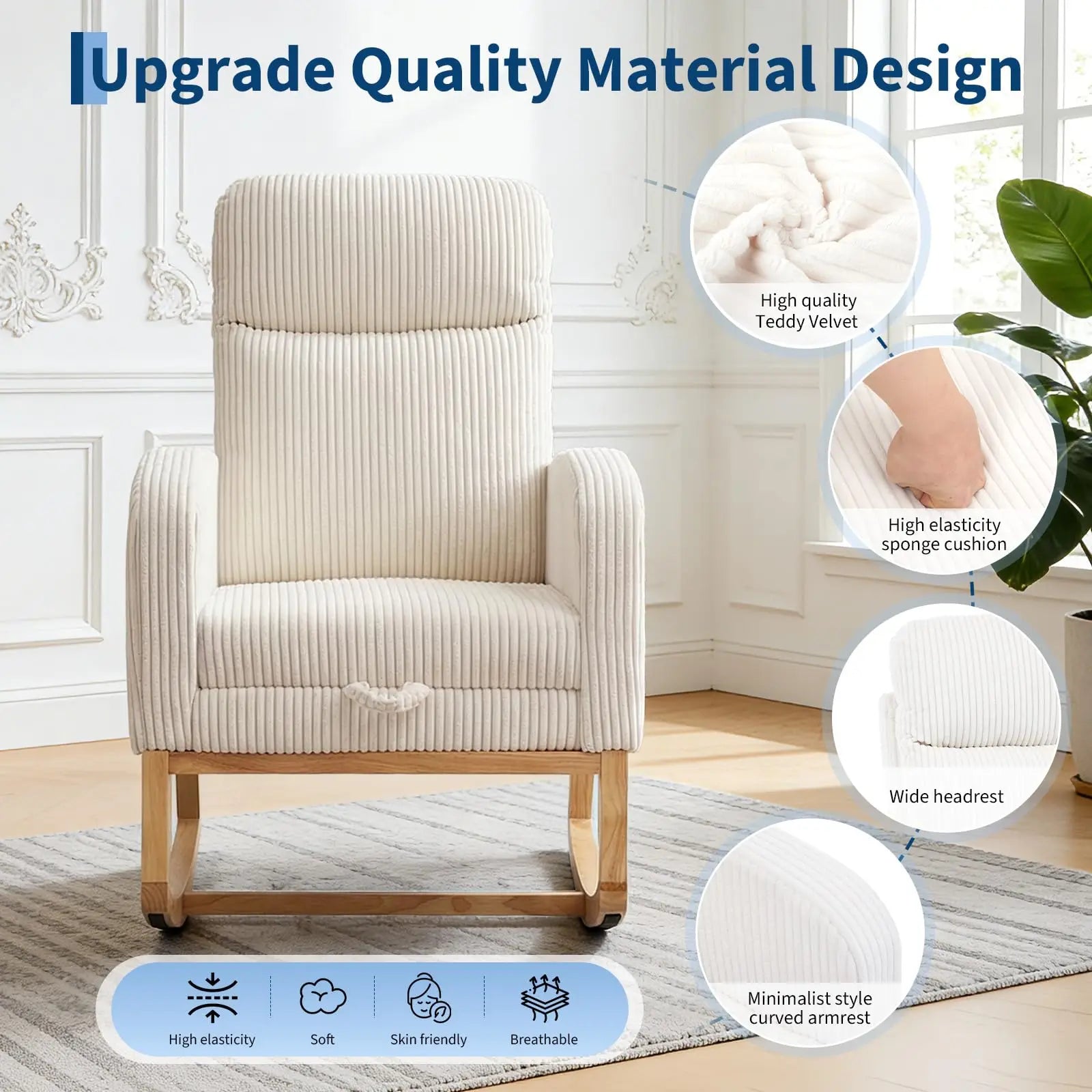 Corduroy Nursery Rocking Chair, Tufted Glider Rocker with Adjustable Footrest & Side Pocket