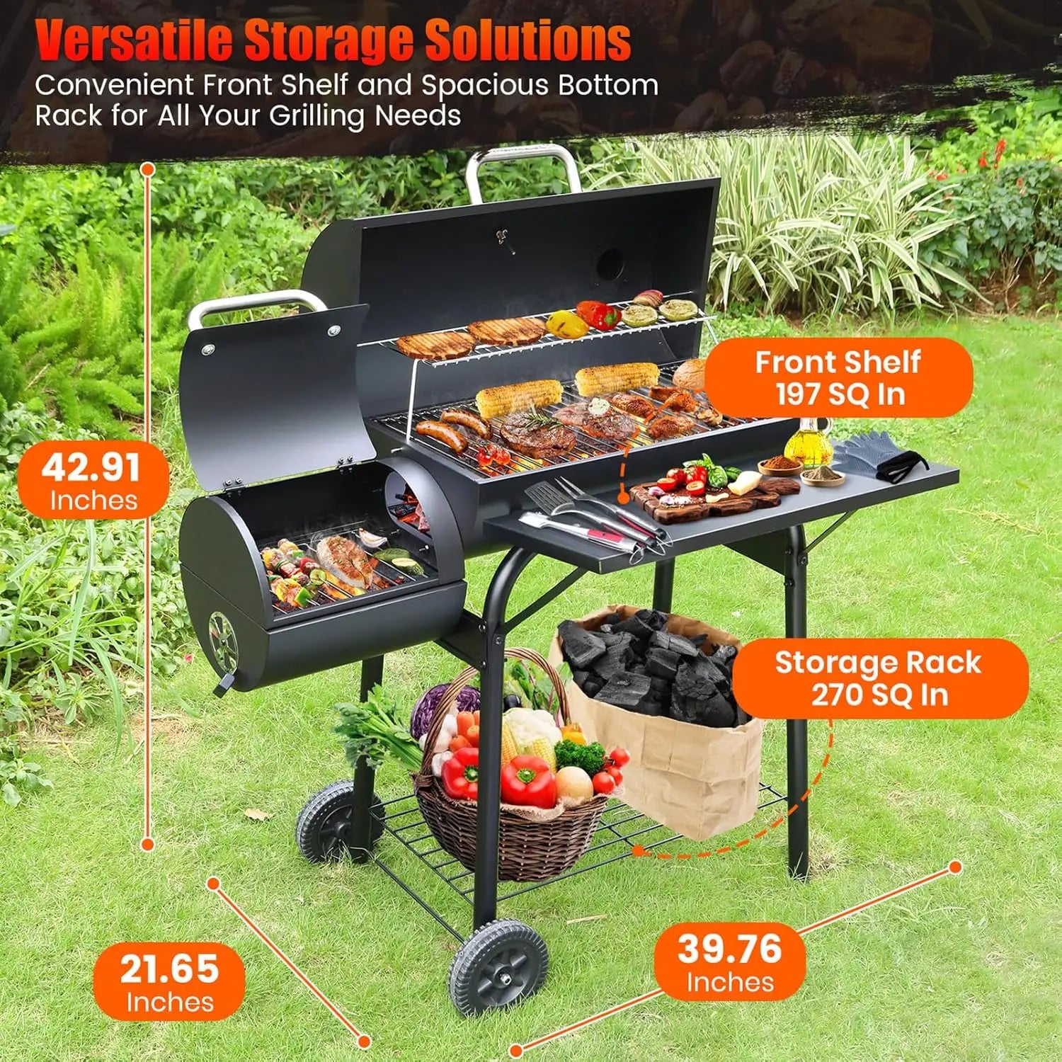 Spacious Barrel Charcoal BBQ Grill with Offset Smoker - Perfect for Outdoor Backyard, Camping, and Parties