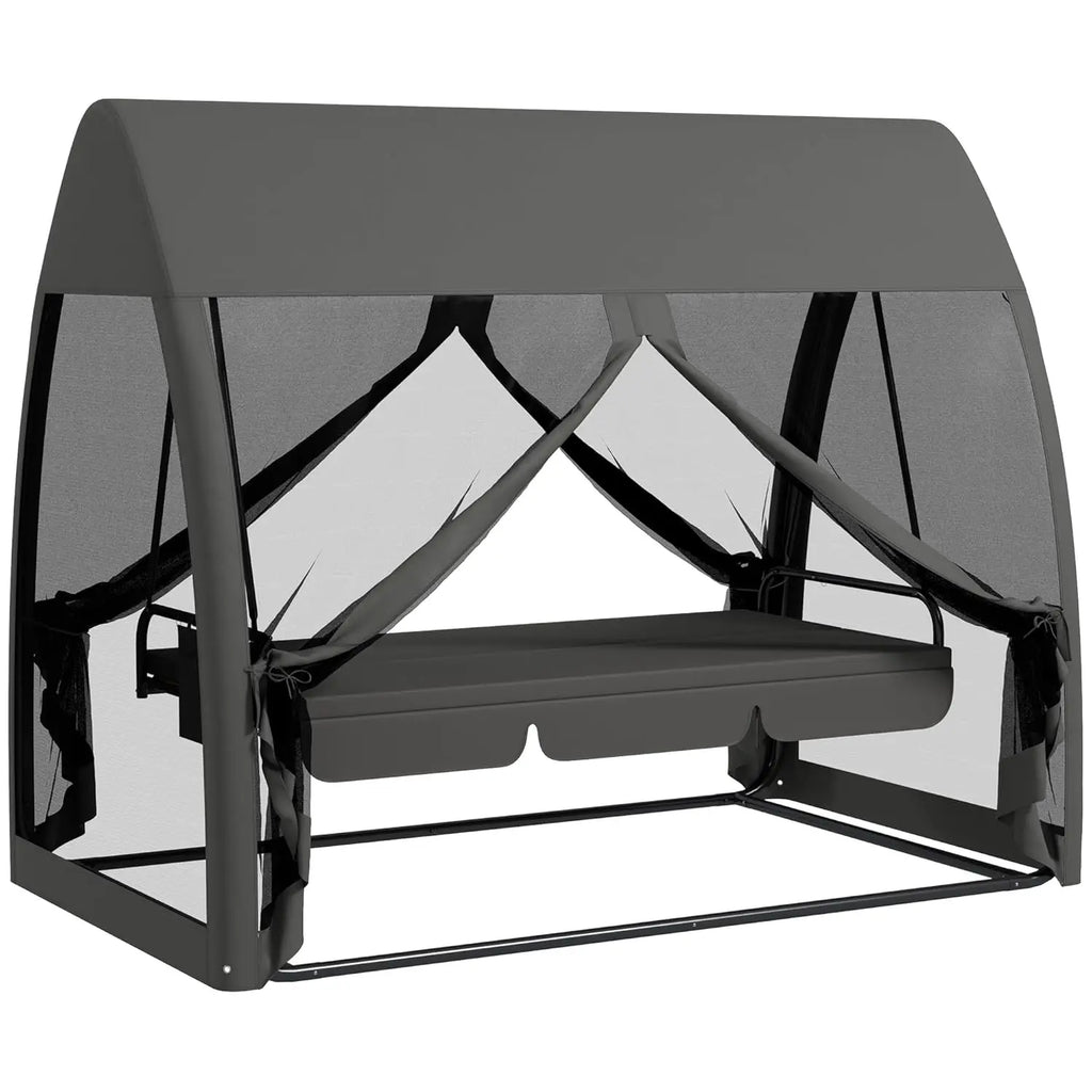 3-Seat Outdoor Porch Swing Bed with Convertible Backrest Cushion Canopy
