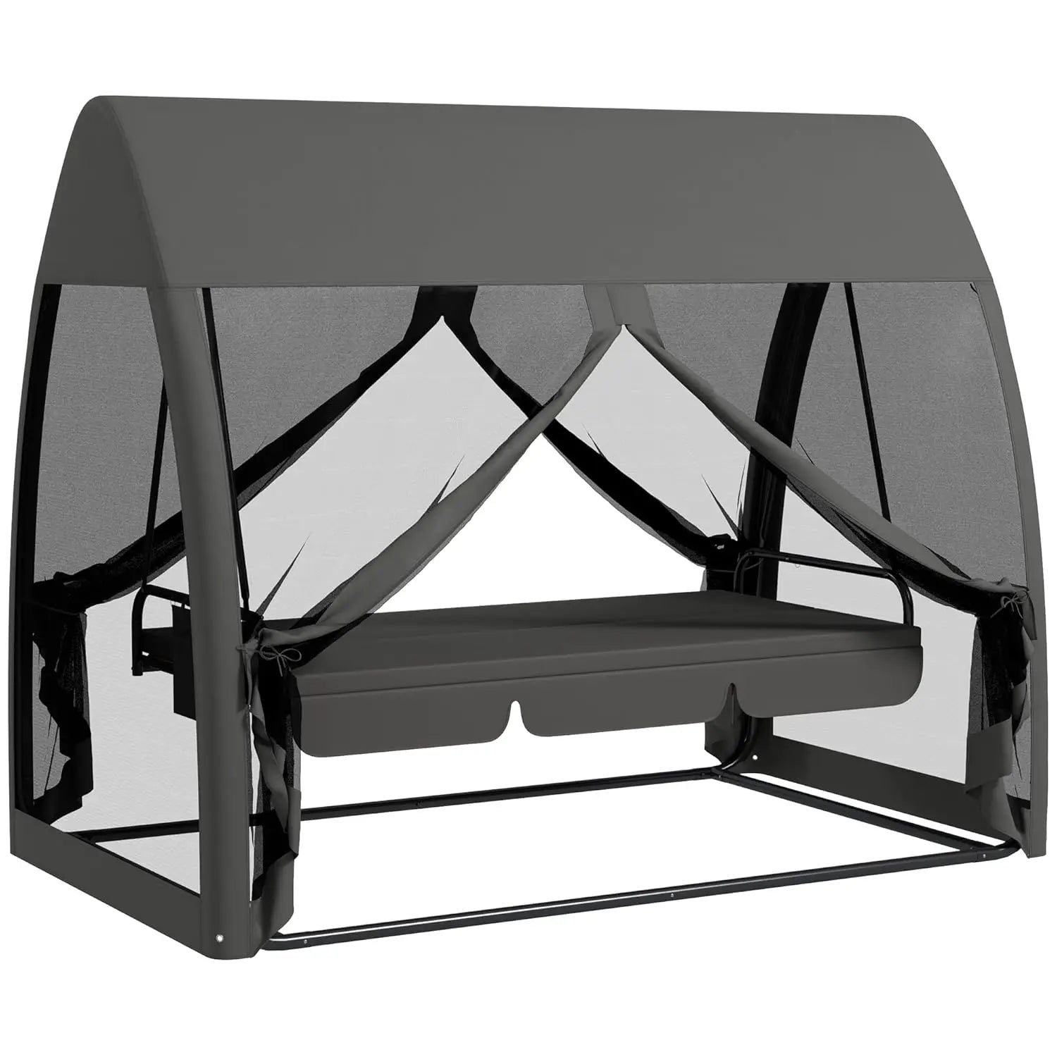 3-Seat Outdoor Porch Swing Bed with Convertible Backrest Cushion Canopy