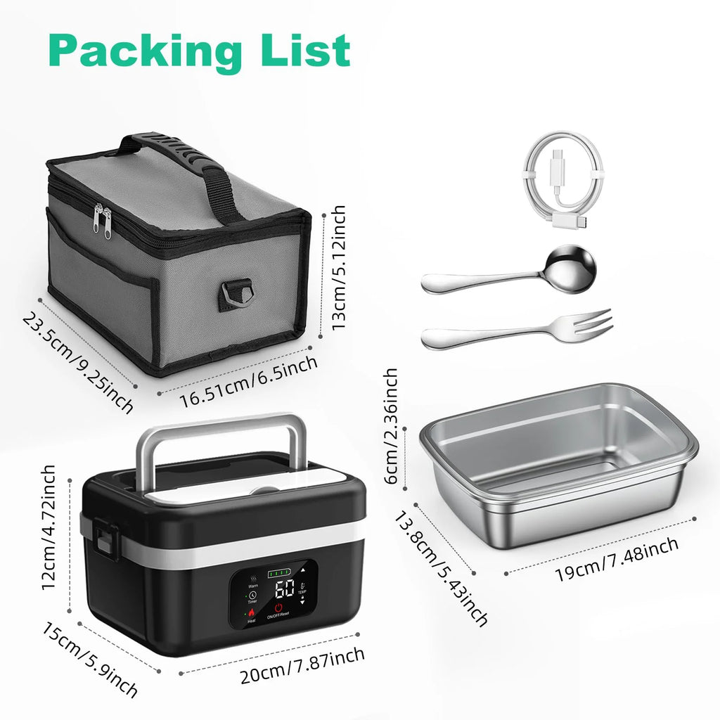 Wireless Electric Insulated Lunch Box - Built-in 8000mAh Battery, 60W Heating Lunch Box 1L Stainless Steel Lunch Box Food Warmer