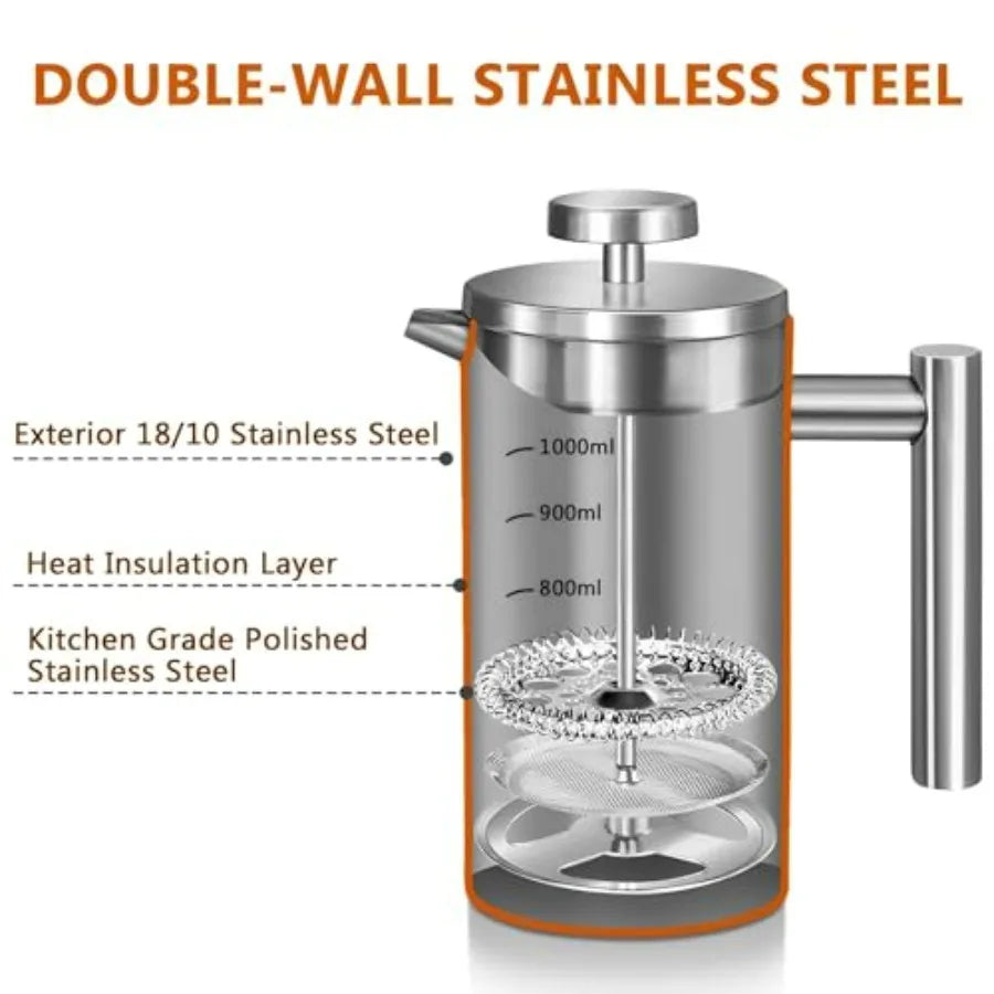 Large French Press Coffee Maker 50oz (1.5L), 304 Stainless Steel Double Wall Insulated Press for Camping, Backpacking
