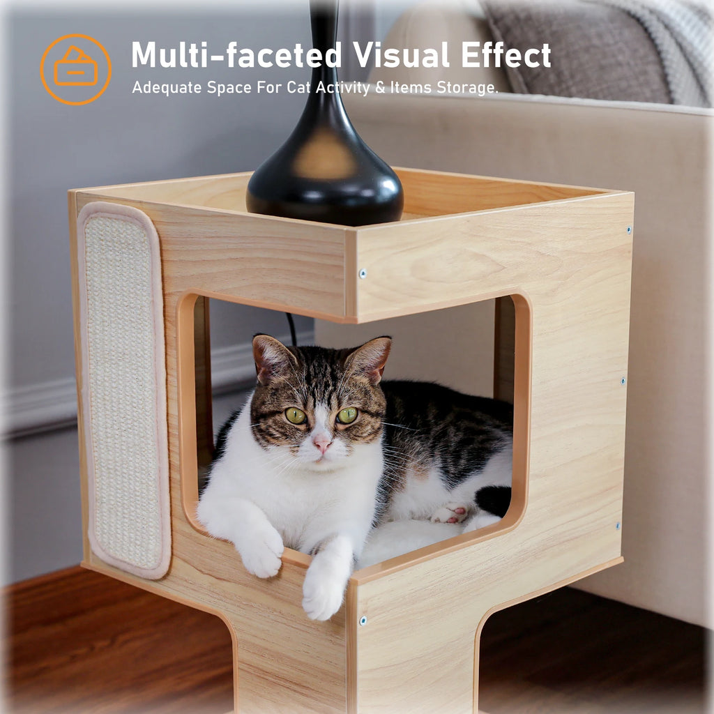 Wood Cat Condo House Bed with Removable Soft Mats, Scratching Pad
