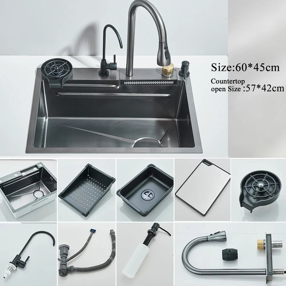 304 Stainless Steel Waterfall Kitchen Sink Large Single Slot