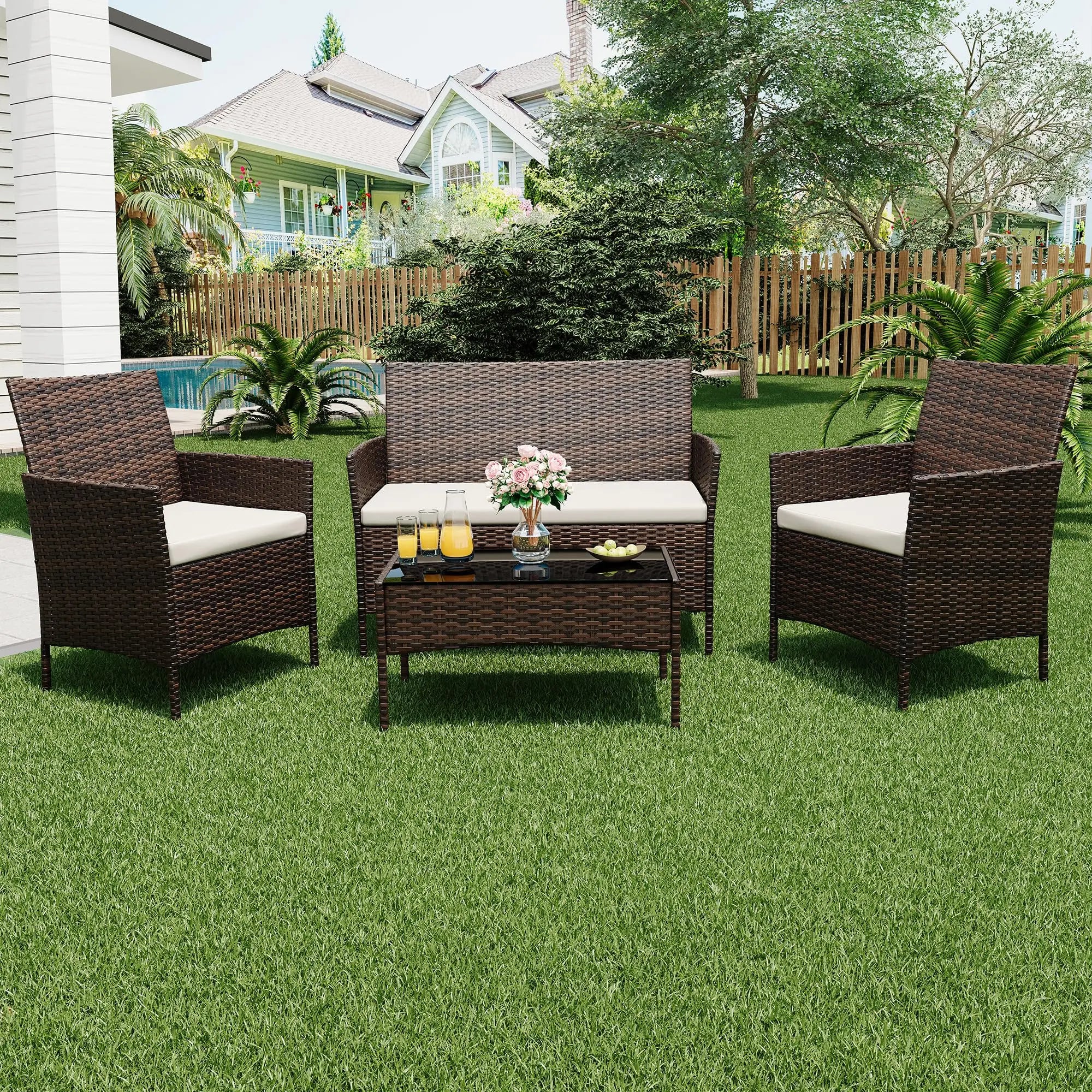 4 Piece Patio Furniture Set, Outdoor Rattan Bistro Set With Cushioned Sofa, 2 Chairs, Glass Table For Porch Backyard