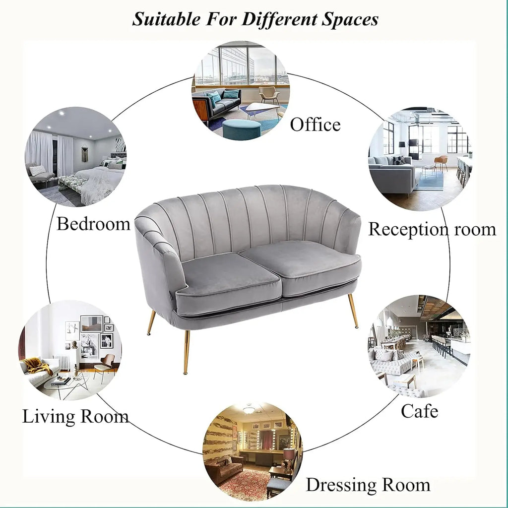 Contemporary Velvet Loveseat Chair with Gold-Finished Metal Legs, 2-Seat Sofa for Living Room, Bedroom, Home Office, Grey