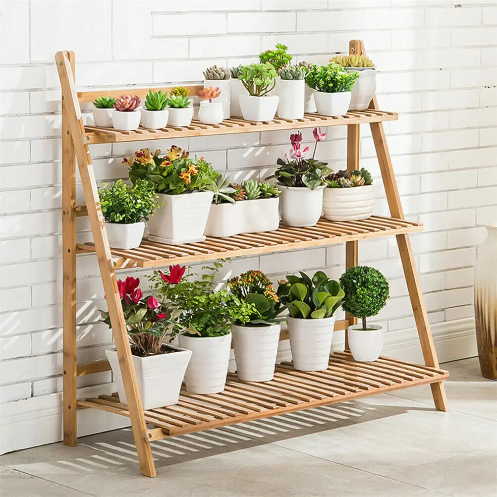 70/100cm Bamboo Plant Stand Folding 3 Tier Flower Pot Display Shelf Indoor Outdoor Ladder Garden Rack