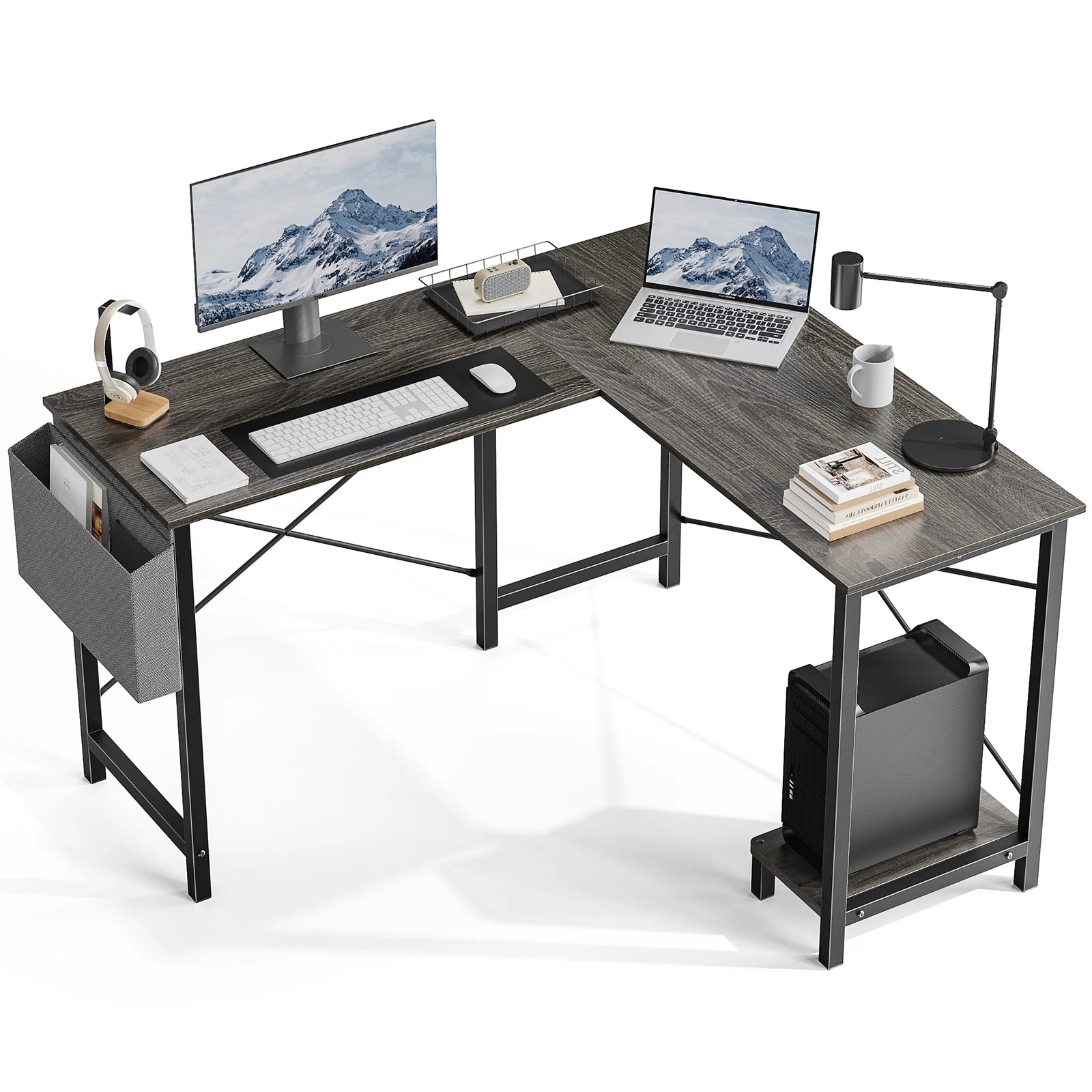 50 Inch Office Writing PC Wooden Table with CPU Storage Shelf & Side Bag for Home Office Bedroom Small Space