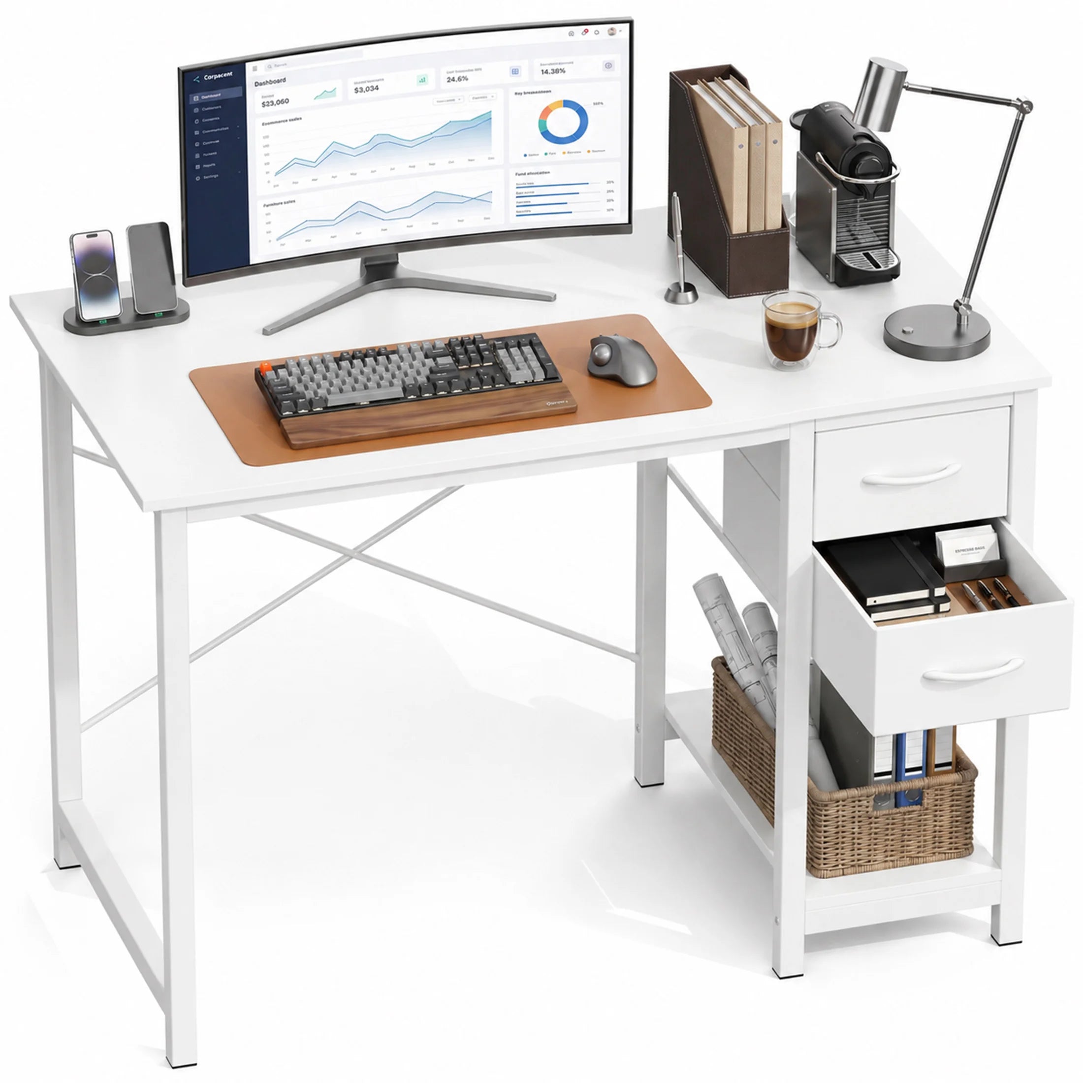 40 Inch Standing Office Computer Desk with Drawers and Side Hook  X‑Frame Stability For Home Office Small Space