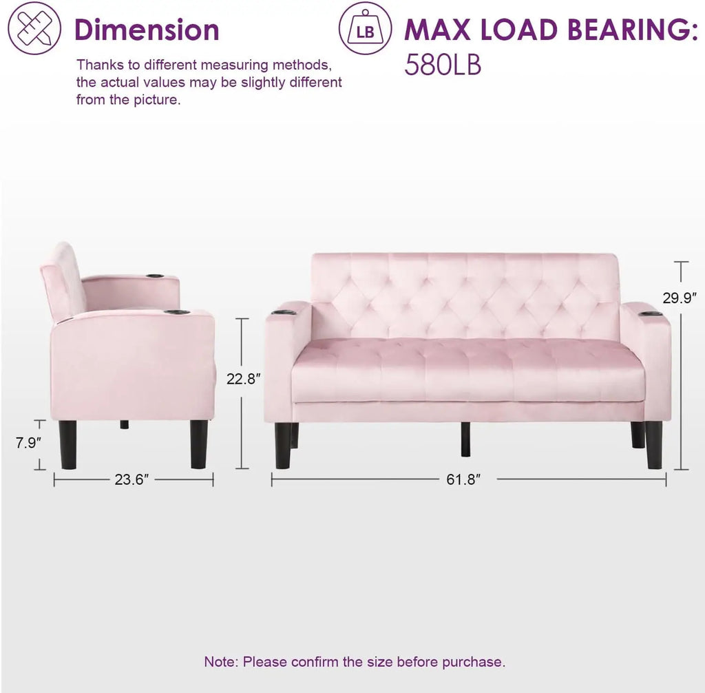 Pink Velvet Loveseat Sofa Set w/ 2 USB & 2 Cupholders