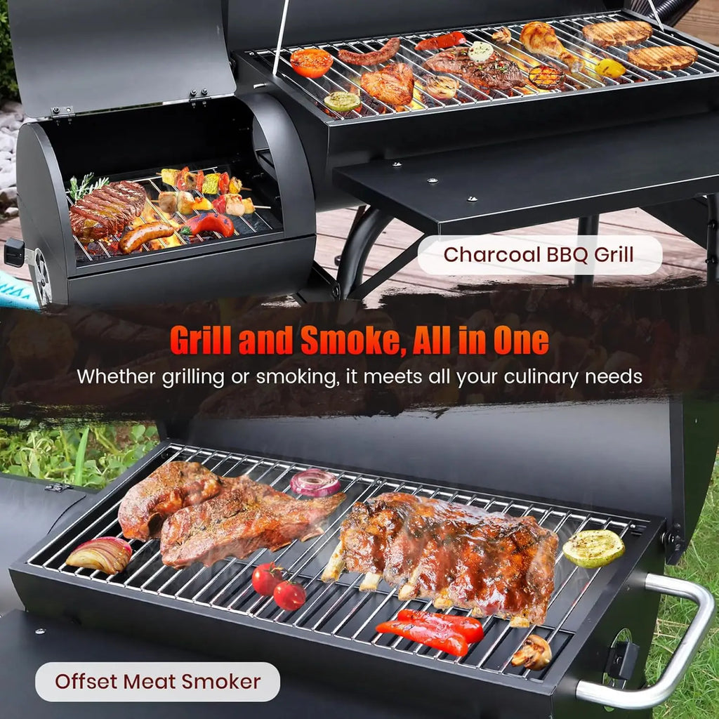 Spacious Barrel Charcoal BBQ Grill with Offset Smoker - Perfect for Outdoor Backyard, Camping, and Parties
