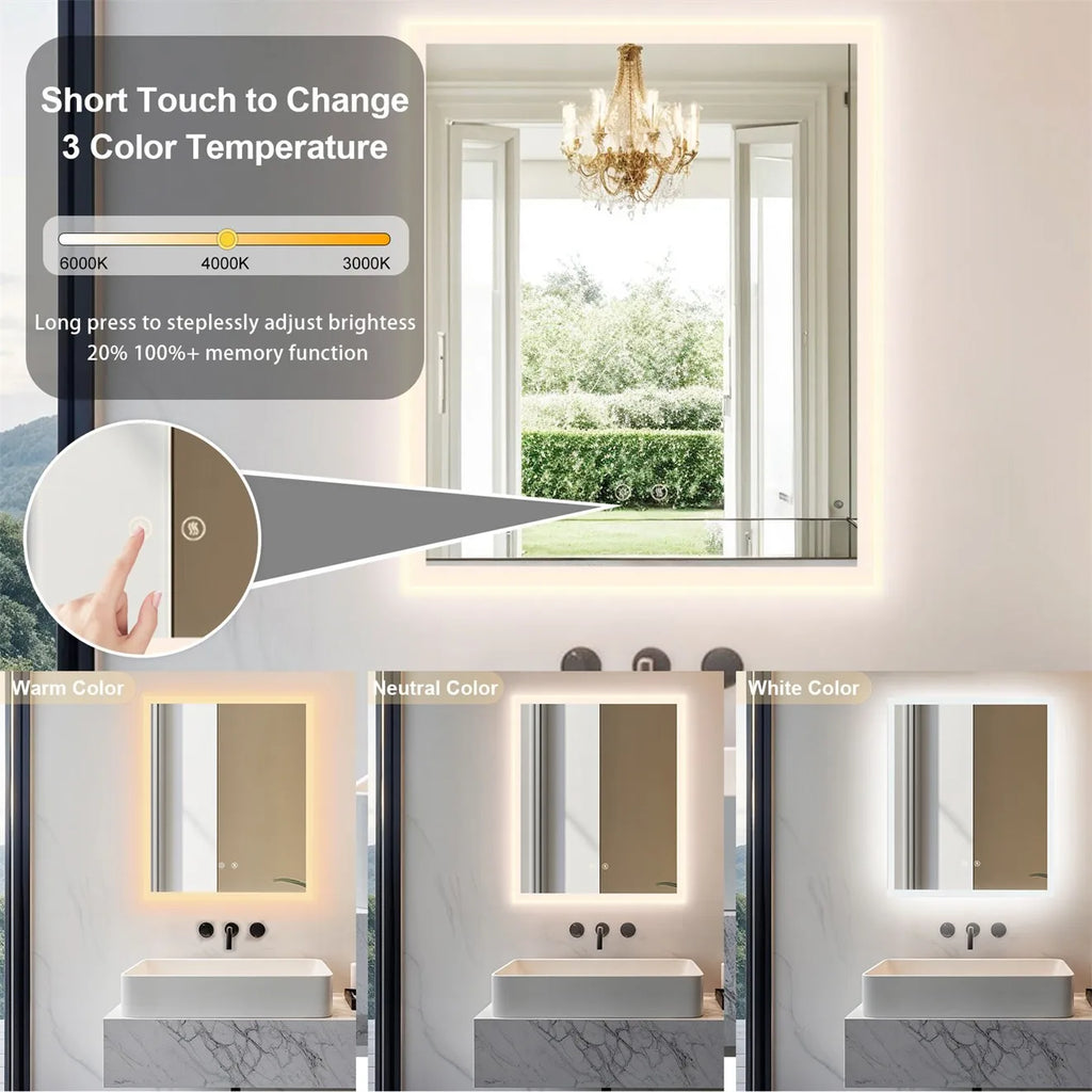 Wall Mirror w Anti-fog, Dual buttons, Memory, Tri-color light, Touch Dimmable