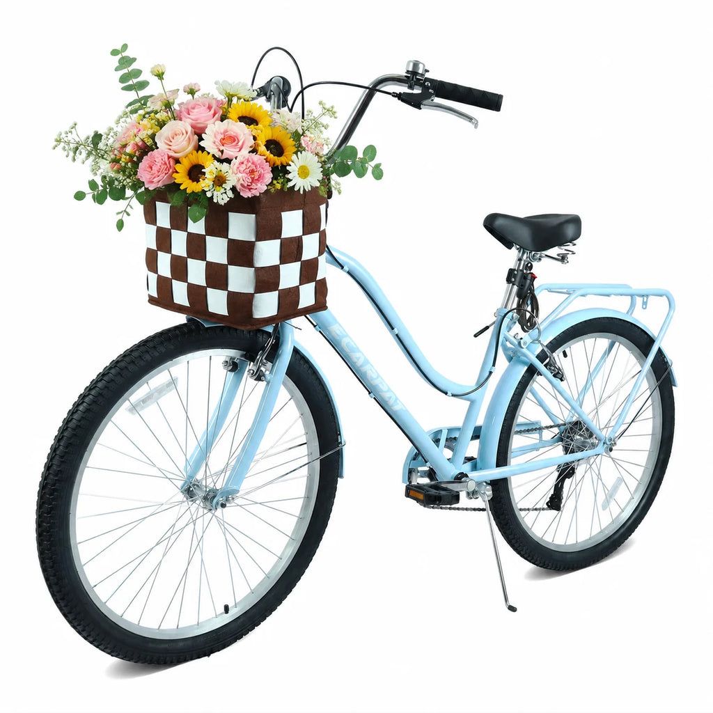 26 Inch Beach Cruiser Bike for Women, 7 Speed Commuter Bicycle with Rear Rack and Basket, Steel Frame Comfortable City Bike with Dual V-Brakes for Adults