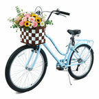 26 Inch Beach Cruiser Bike for Women, 7 Speed Commuter Bicycle with Rear Rack and Basket, Steel Frame Comfortable City Bike with Dual V-Brakes for Adults