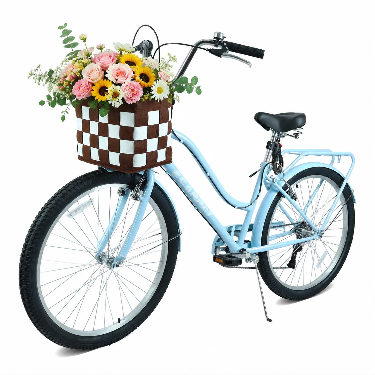 26 Inch Beach Cruiser Bike for Women, 7 Speed Commuter Bicycle with Rear Rack and Basket, Steel Frame Comfortable City Bike with Dual V-Brakes for Adults