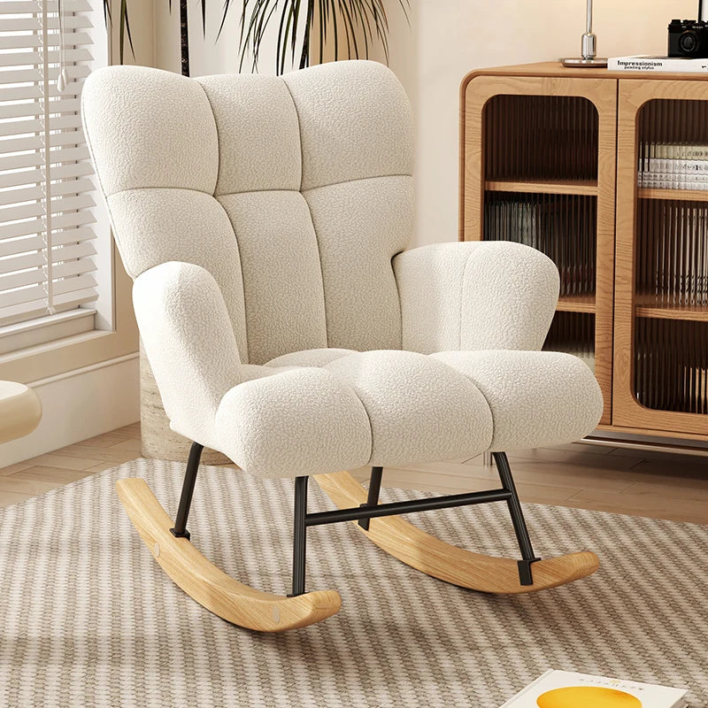 High-Back Armchair with Padded Seat, Velvet Fabric, Solid Wood, Soft-Covered Rocking Chair