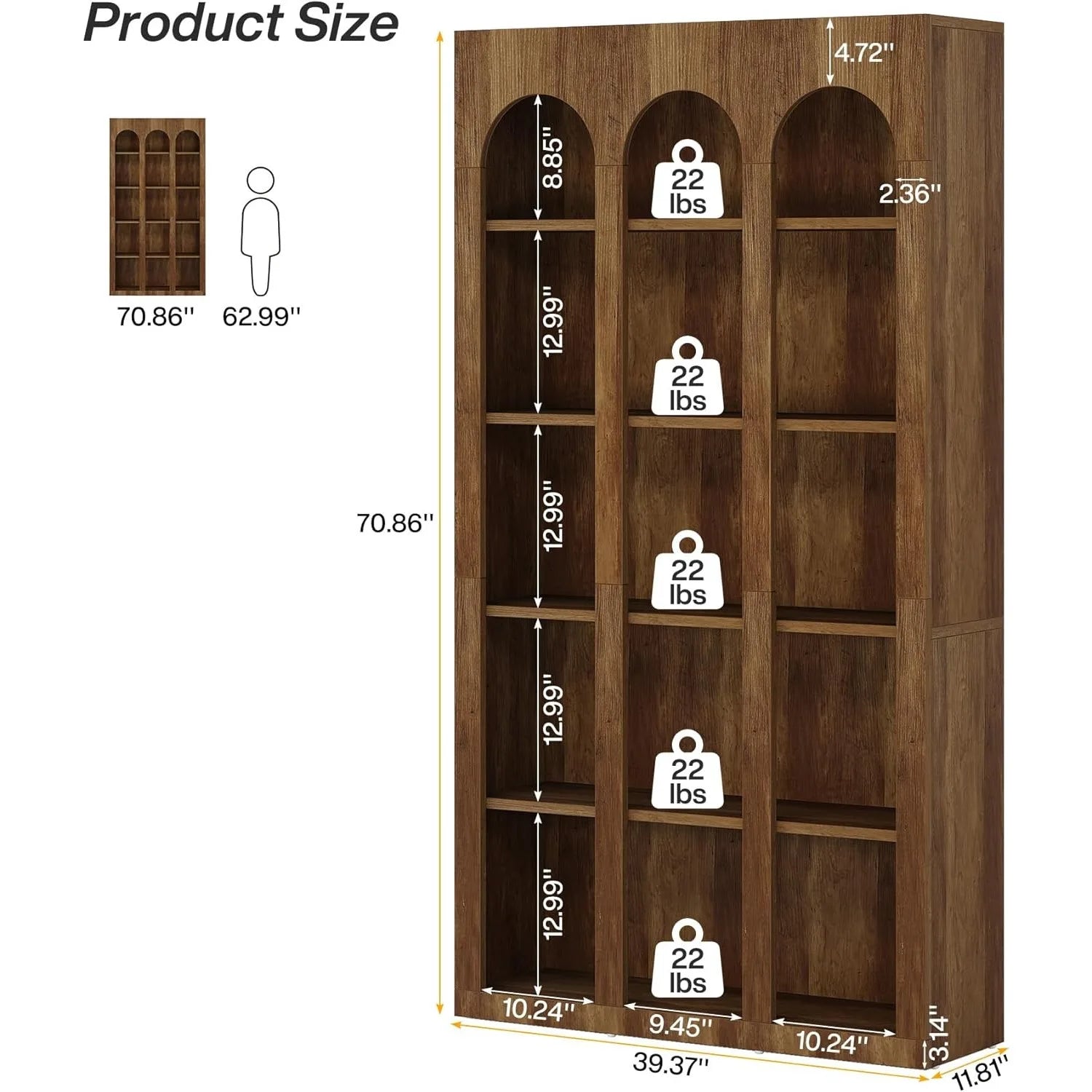 5-Tier Bookshelf, 70.87-Inch Mid Century Modern Bookcase with Open Shelves
