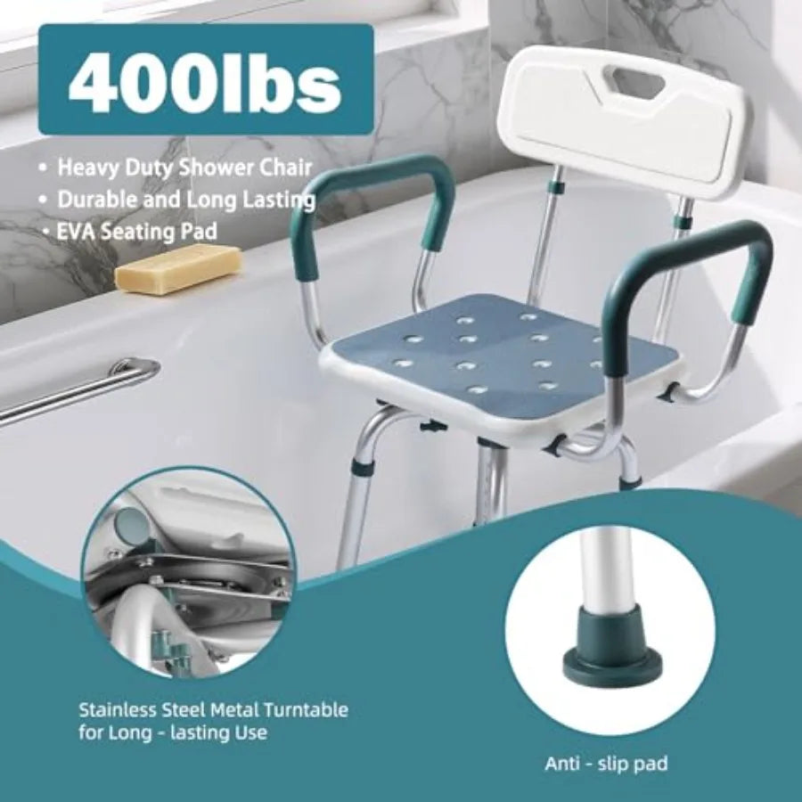 Swivel Shower Chair with Arms and Back 400 lbs Heavy Duty Shower Seat for Inside Shower Stall and Bathtub Height Adjustable