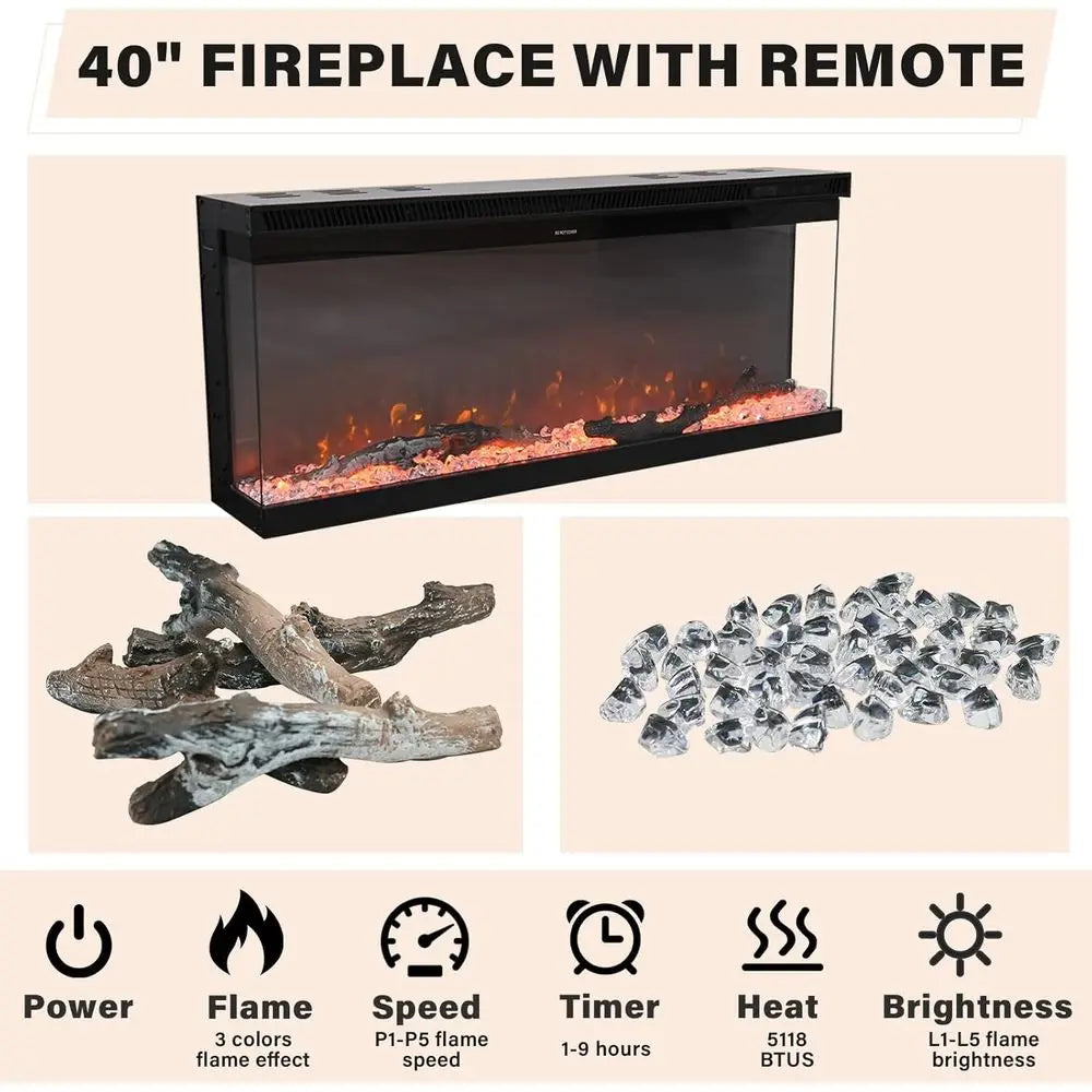 3-Sided Glass Fireplace TV Stand for TVs up to 80''