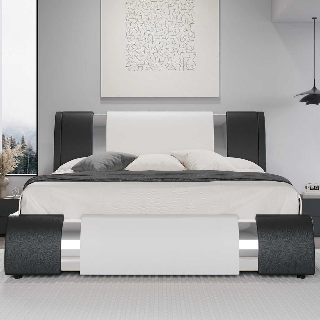 Modern Faux Leather Bed Frame with Iron Pieces Decor, Low Profile Platform Bed Adjustable Headboard