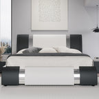 Modern Faux Leather Bed Frame with Iron Pieces Decor, Low Profile Platform Bed Adjustable Headboard