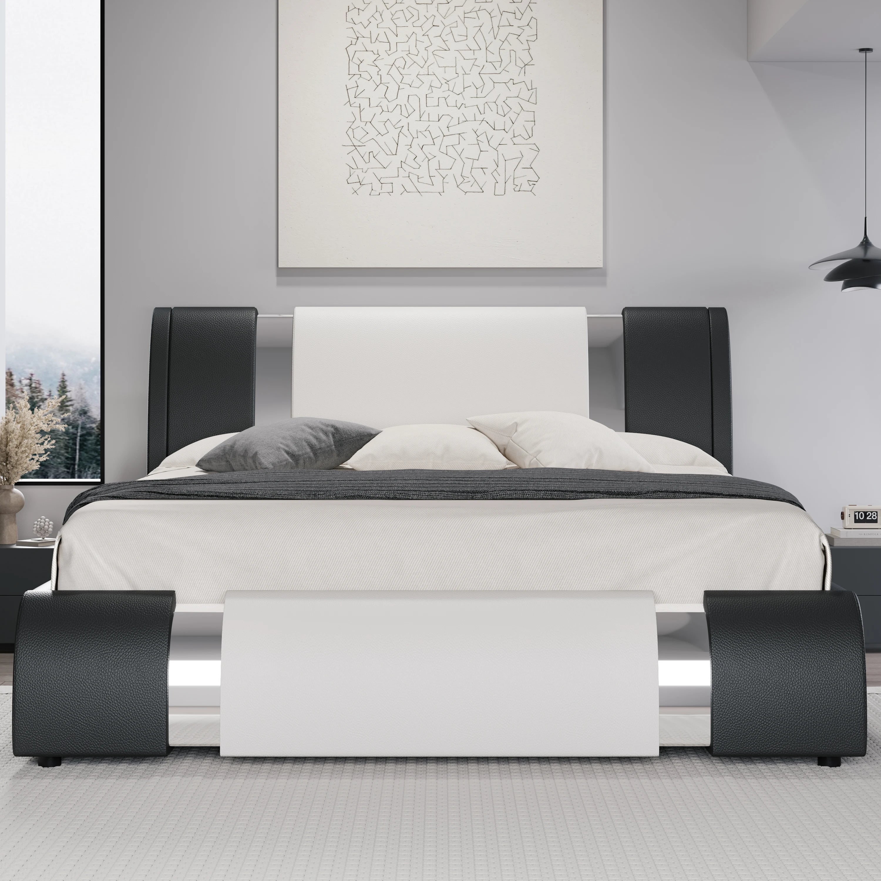 Modern Faux Leather Bed Frame with Iron Pieces Decor, Low Profile Platform Bed Adjustable Headboard
