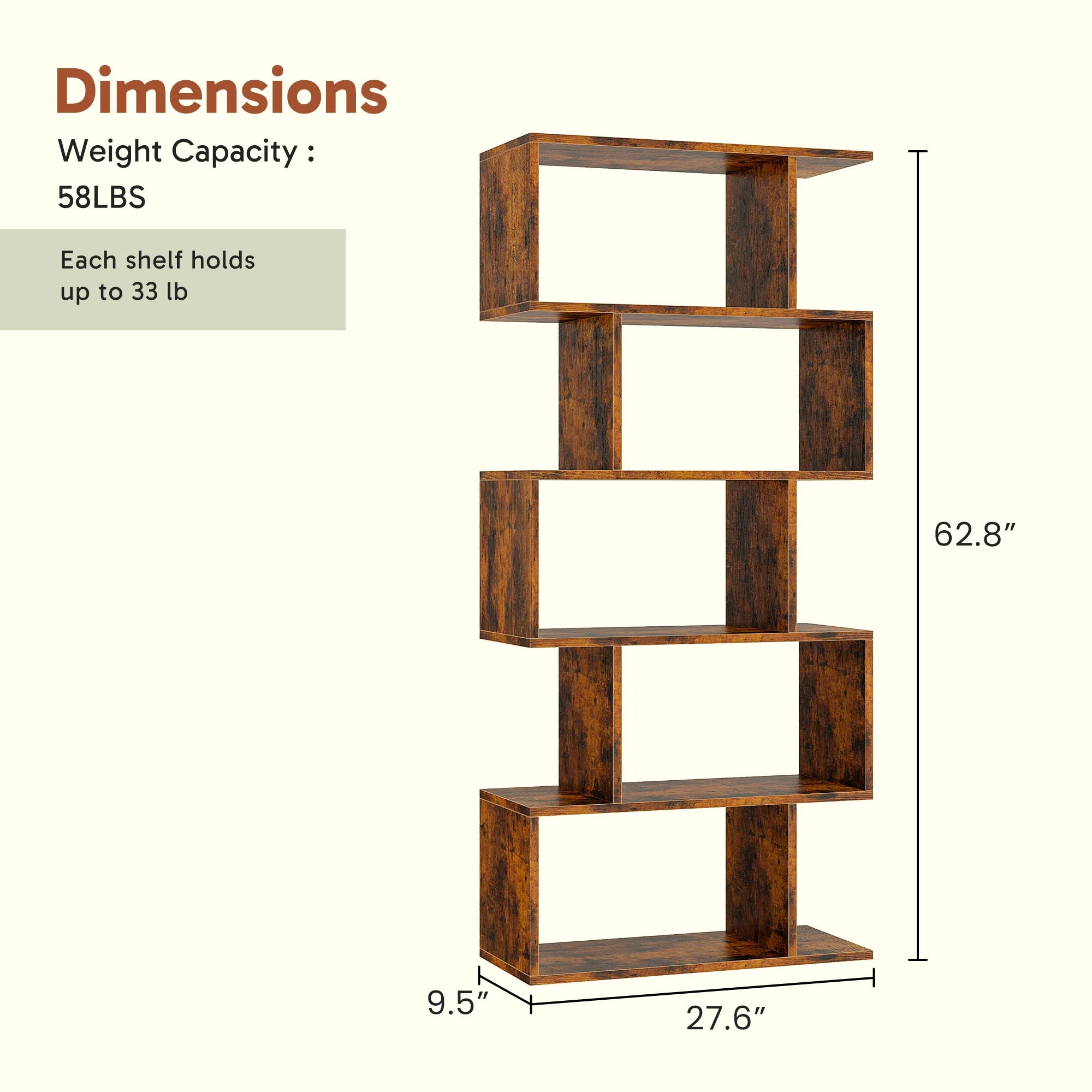 62IN Geometric Bookcase 5 Tier S-Shaped Wooden Display Bookshelf