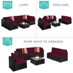7-piece modular outdoor sectional wicker patio conversation set w/ 2 pillows, coffee table, cover included - black/deep burgund