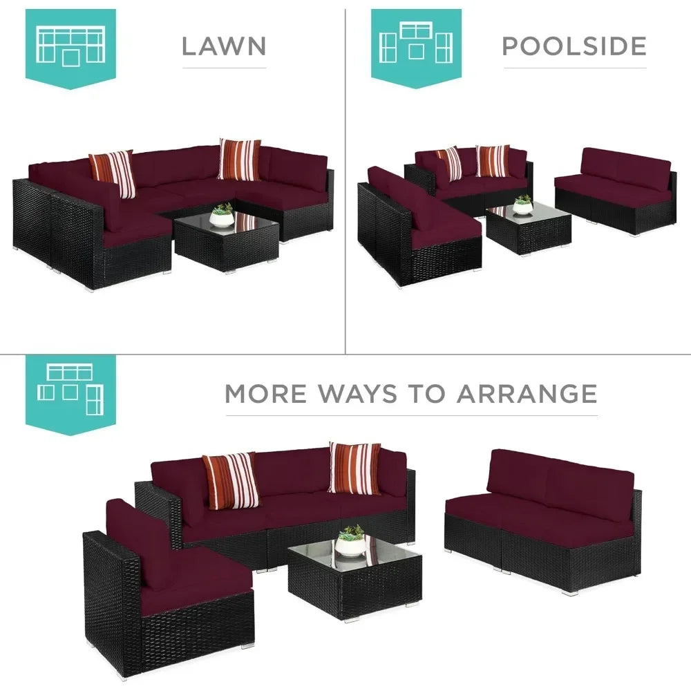 7-piece modular outdoor sectional wicker patio conversation set w/ 2 pillows, coffee table, cover included - black/deep burgund