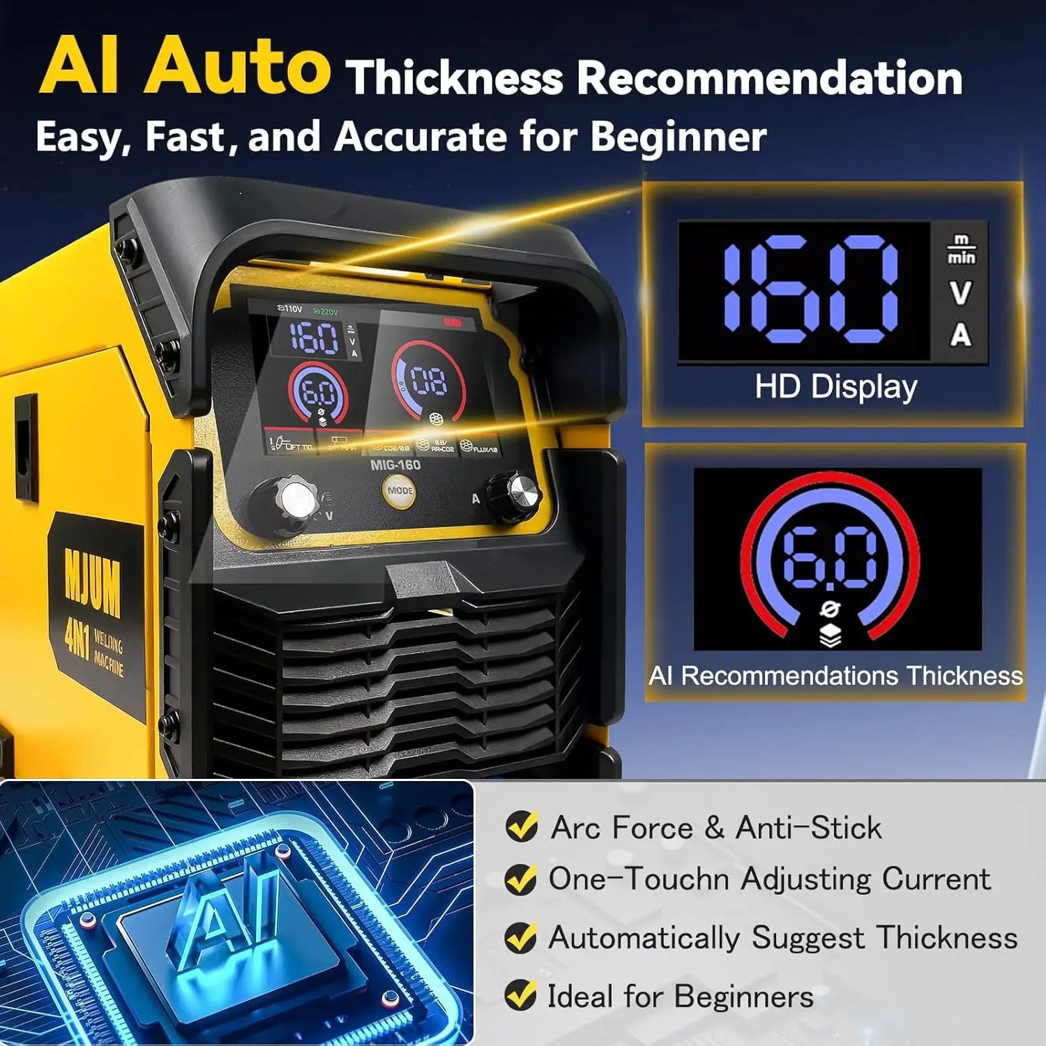 160A 4-in-1 AI Welding Machine: Dual Voltage MIG/TIG/Stick Welder with Smart Control for Home and Auto Repair