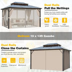 10x13ft Hardtop Gazebo with Double Roof, Waterproof Canopy, Netting & Curtains for Outdoor Patio Deck