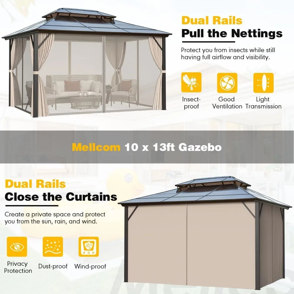 10x13ft Hardtop Gazebo with Double Roof, Waterproof Canopy, Netting & Curtains for Outdoor Patio Deck