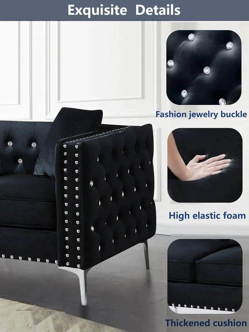 59.4" Jeweled Buttons Tufted Square Arm Couch Modern 2 Seater Couch with Silver Metal Legs