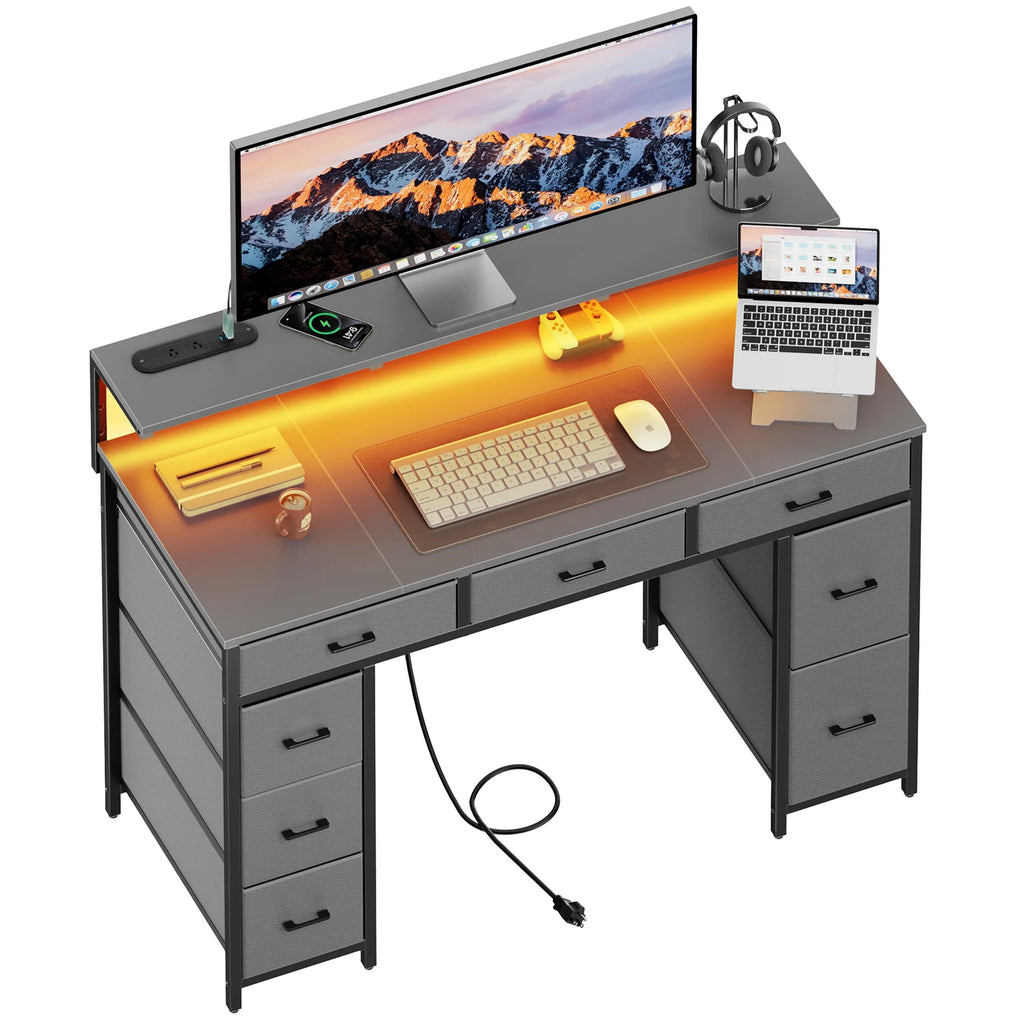 Computer Desk with 8 Storage Drawers, Adjustable Monitor Stand, Writing Desk with LED Lights & USB Power Outlets