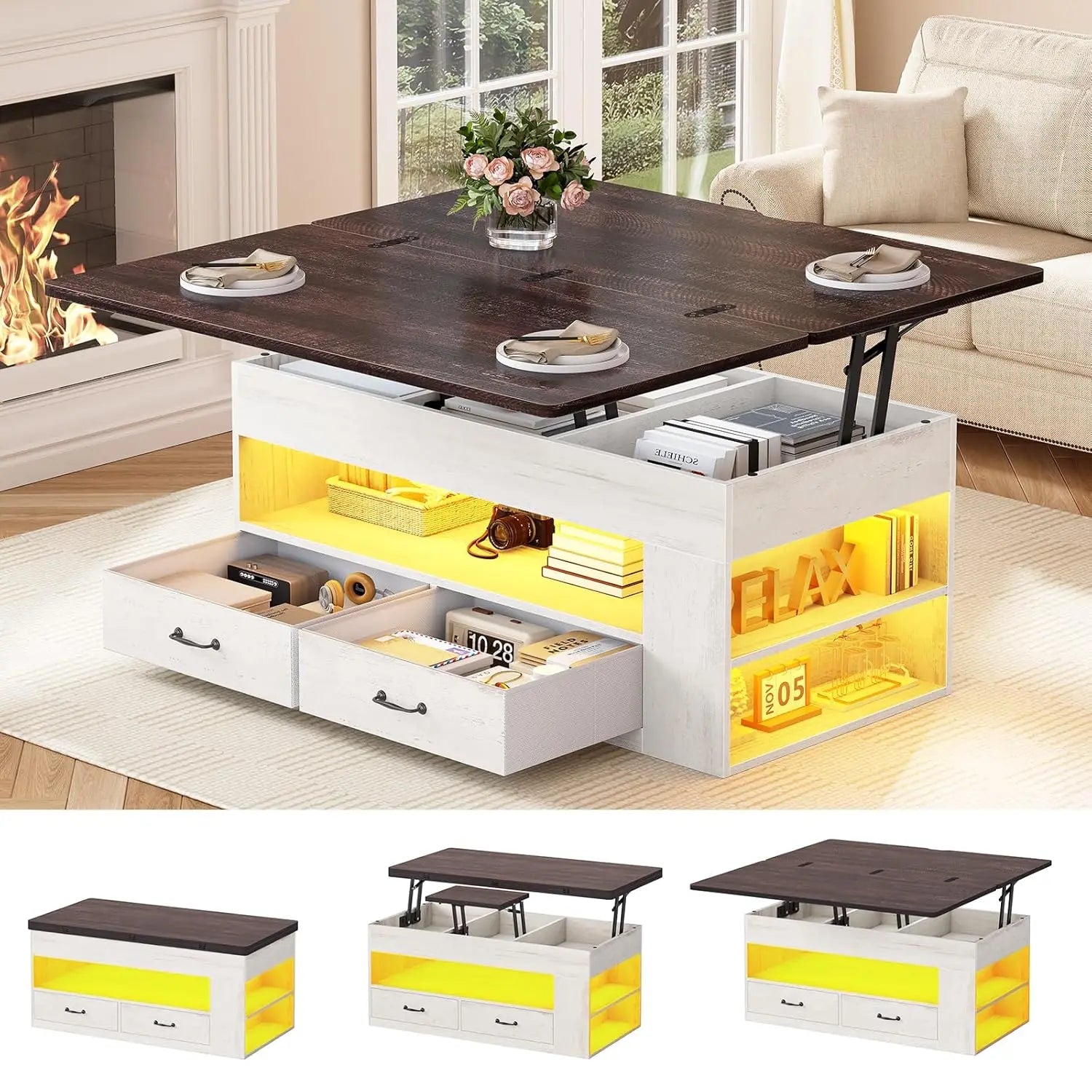 Lift Top Coffee Table with Storage Hidden Compartment 2 Fabric Drawers LED Light