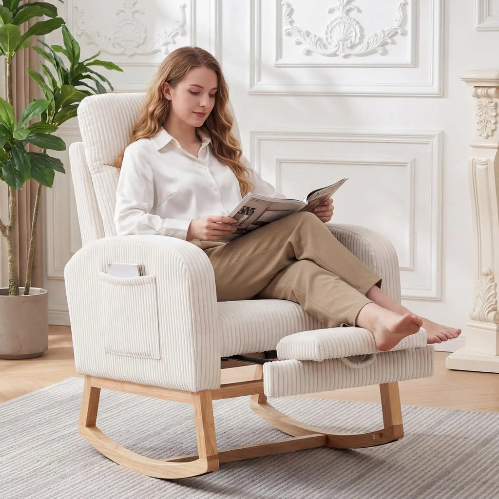 Corduroy Nursery Rocking Chair, Tufted Glider Rocker with Adjustable Footrest & Side Pocket