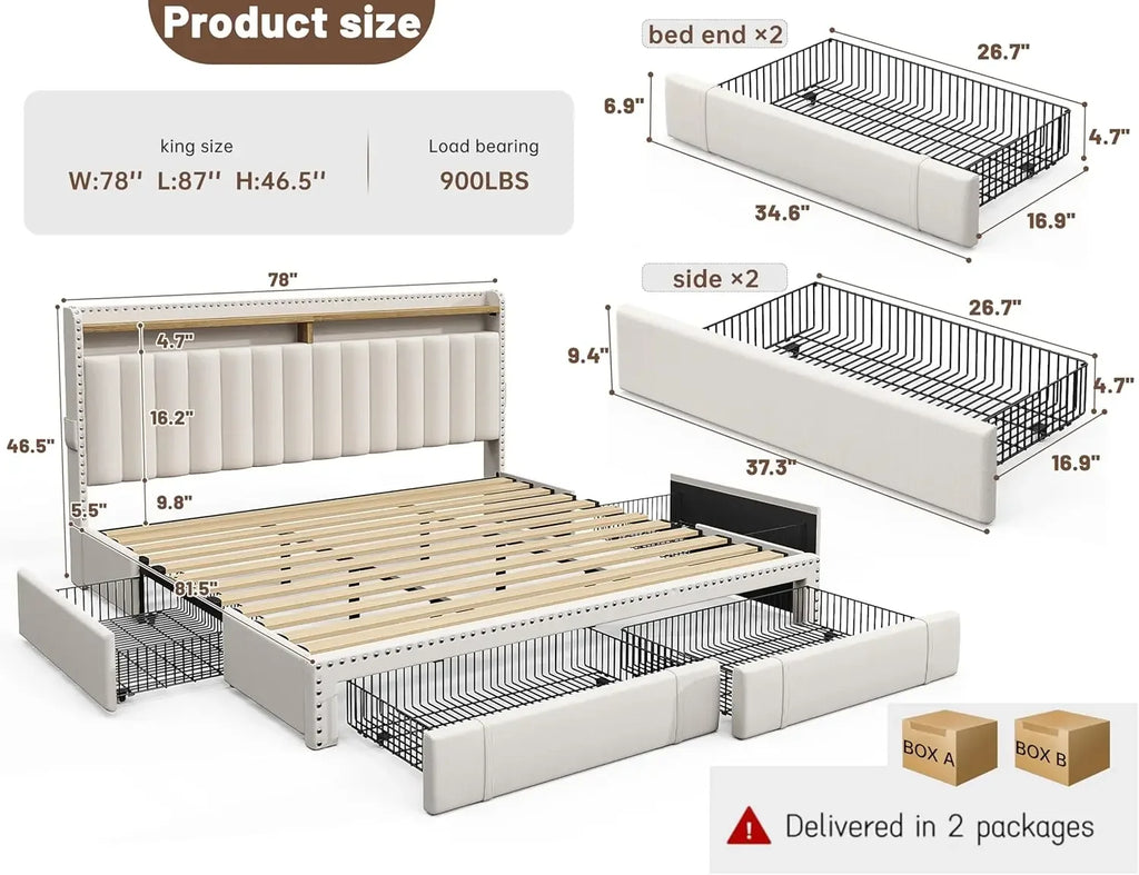 Upholstered King Bed Frame and headboard with 2-Tier Shelves, 4 Drawers