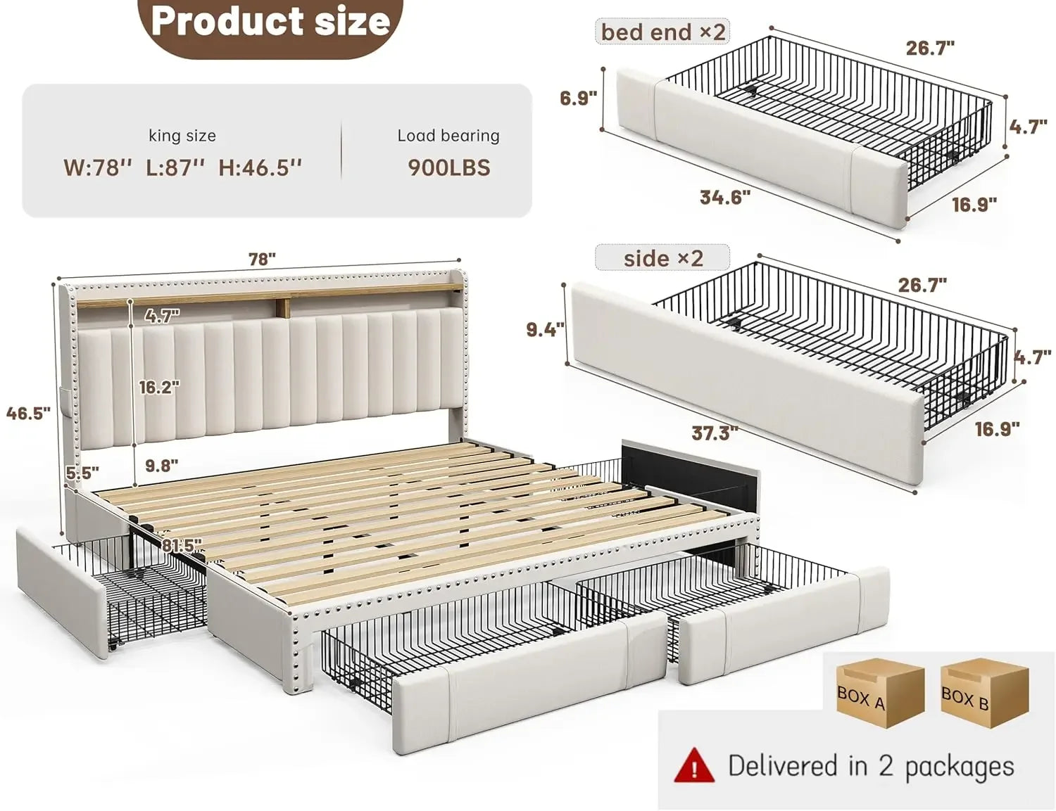 Upholstered King Bed Frame and headboard with 2-Tier Shelves, 4 Drawers