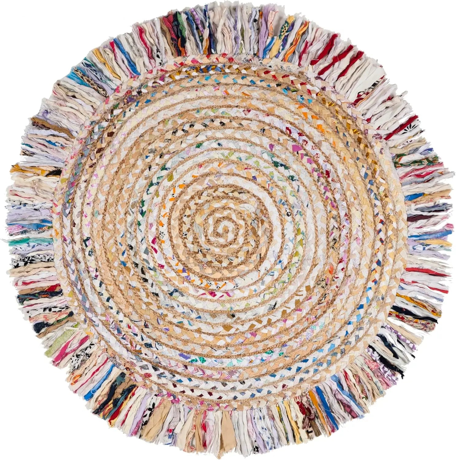 Handmade Boho Fringe Jute & Cotton Area Rug - 5' Round, Ivory & Light Beige, Ideal for High Traffic Living Room and Bedroom