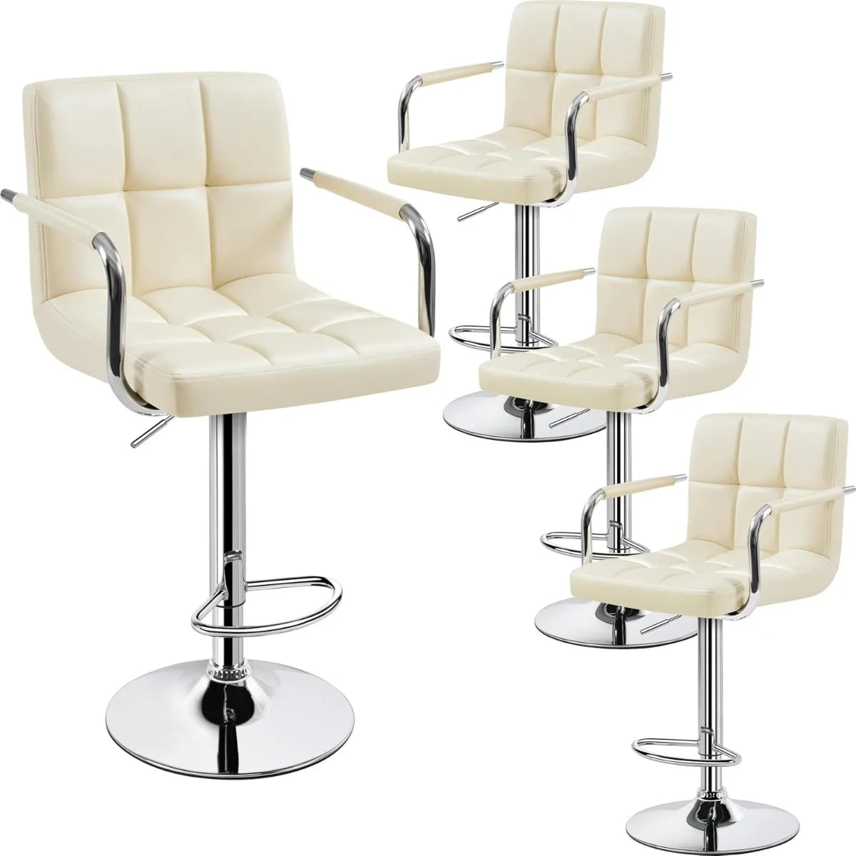 Adjustable Swivel Bar Stools Set of 2, Hydraulic Counter Height with Armrest & Back, PU Leather for Kitchen & Bar