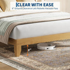 Boho Style Rattan Bed Frame with Natural Headboard & RGB LED Lights - Storage Headboard, Plain Wood Platform, Noise-Free Slats, No Box Spring Needed