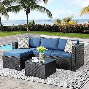 wicker outdoor sectional furniture with glass table and cushions