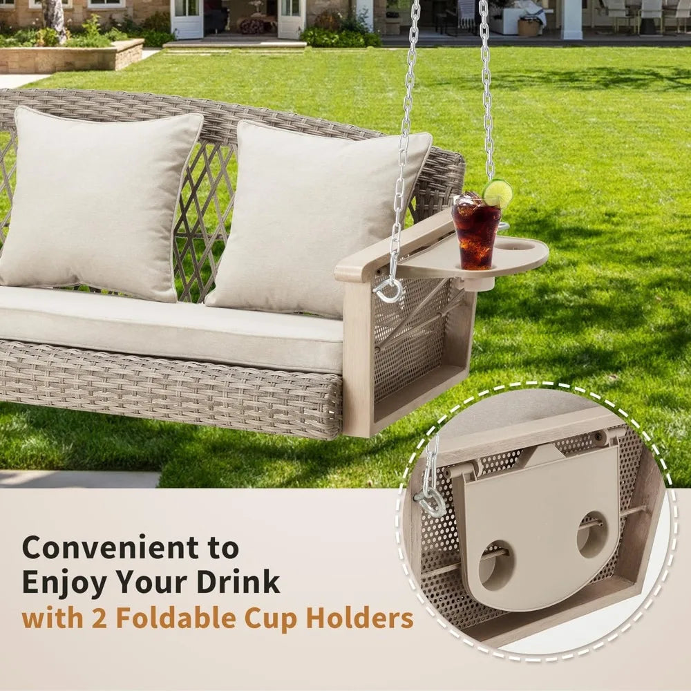 3-Person Wicker Porch Swing with Upgraded Cup Holder, 900lbs Capacity
