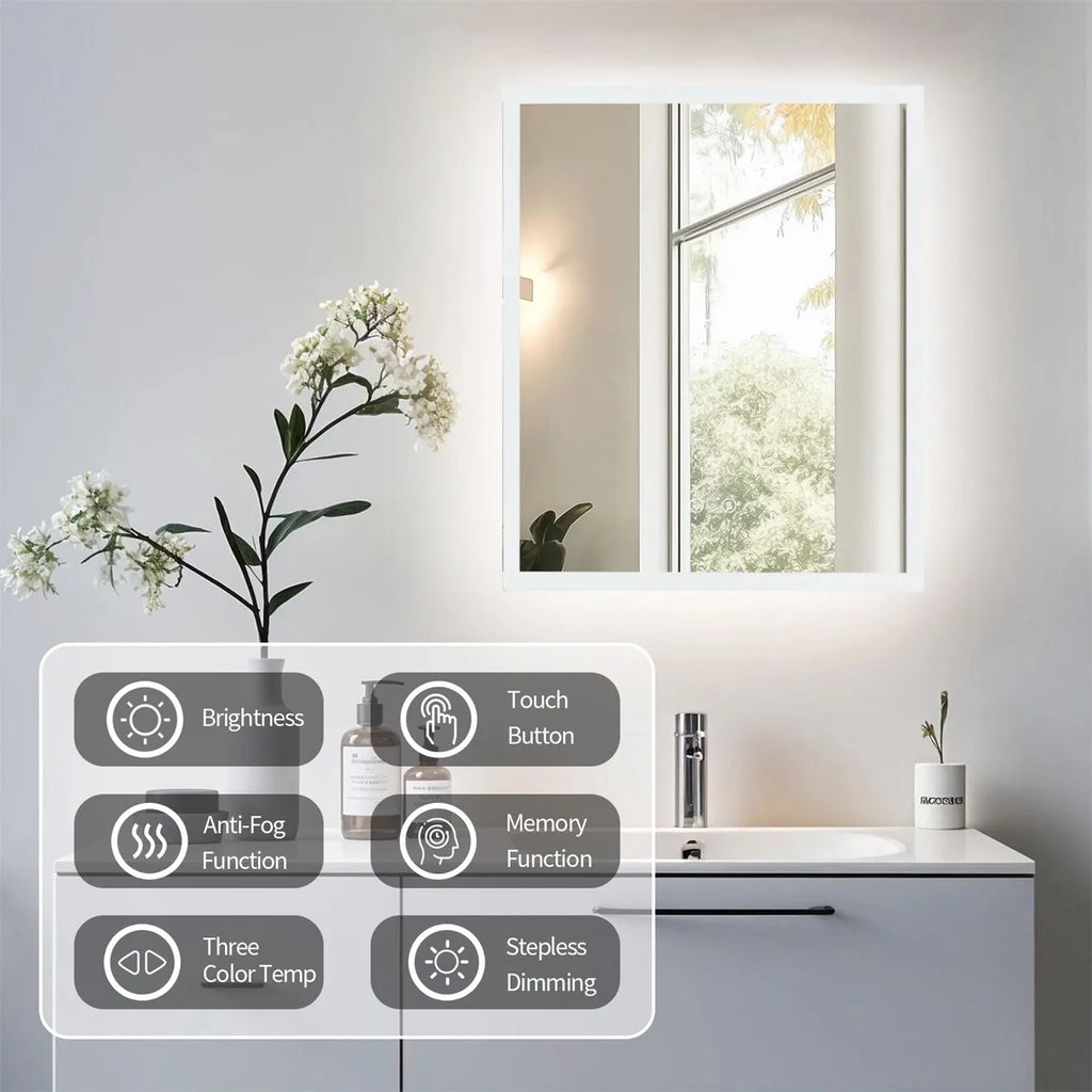 Wall Mirror w Anti-fog, Dual buttons, Memory, Tri-color light, Touch Dimmable