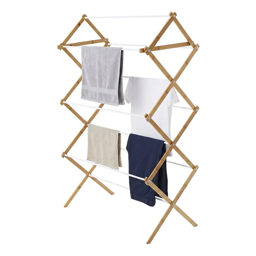 Foldable Bamboo Clothes Drying Rack Collapsible Space Saving Indoor Outdoor