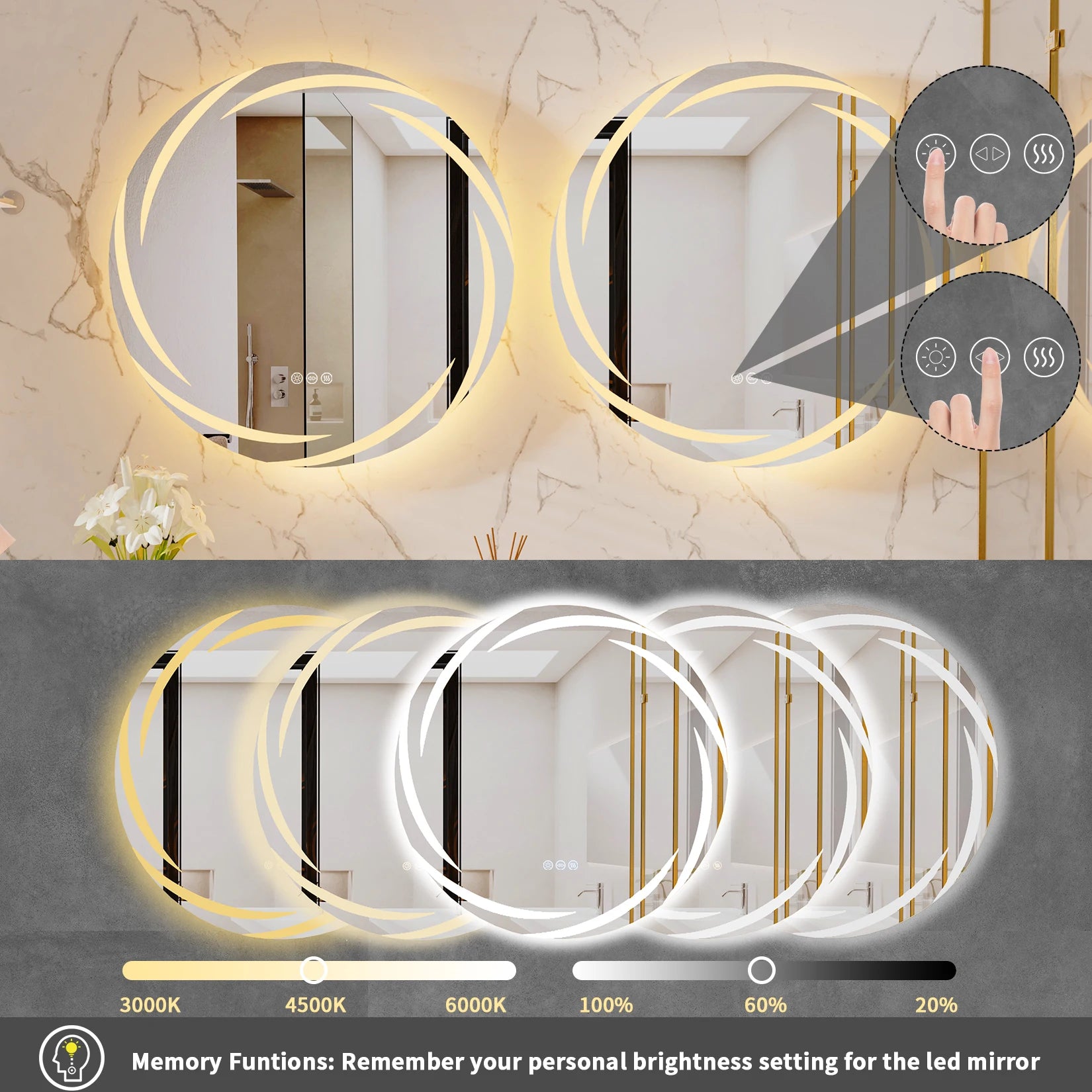 60/80CM LED Bathroom Mirror Circle Backlit HD Wall Antifog Vanity Mirror Shatterproof 3 Colors Lights Dimmable